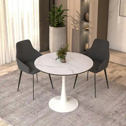 Bristol 32 Mid Century Modern Round Dining Table, MDF Wood Top & Glossy Iron Pedestal Base for Kitchen & Dining Room