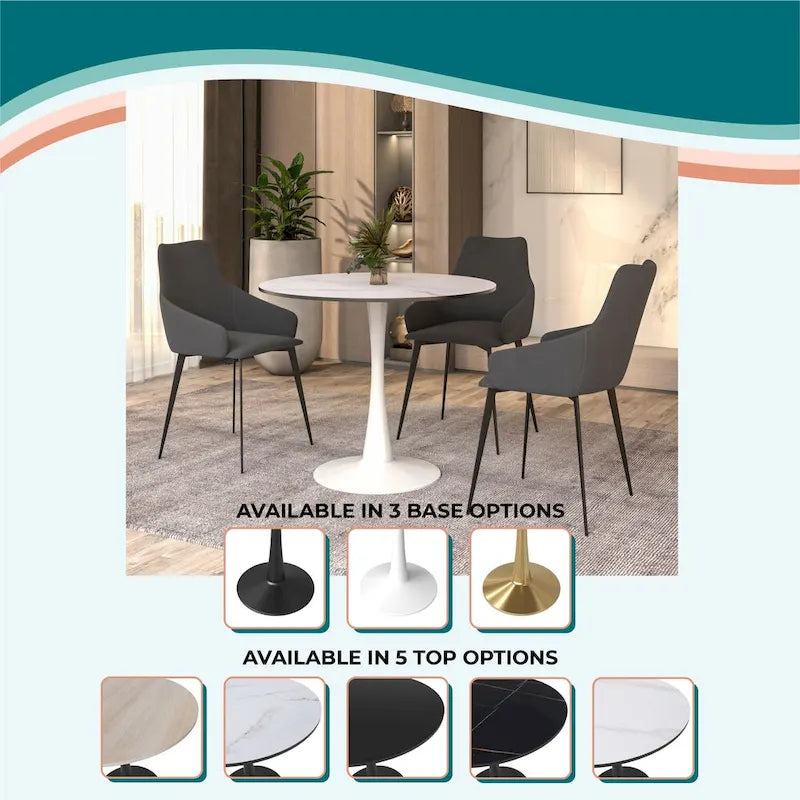 Bristol 32 Mid Century Modern Round Dining Table, MDF Wood Top & Glossy Iron Pedestal Base for Kitchen & Dining Room