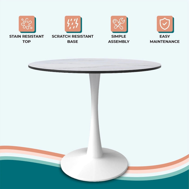 Bristol 32 Mid Century Modern Round Dining Table, MDF Wood Top & Glossy Iron Pedestal Base for Kitchen & Dining Room