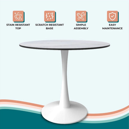 Bristol 32 Mid Century Modern Round Dining Table, MDF Wood Top & Glossy Iron Pedestal Base for Kitchen & Dining Room