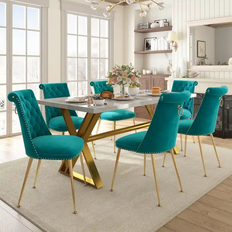 7-Piece Clihome Marble Dining Table with Velvet Chair Dining Chair