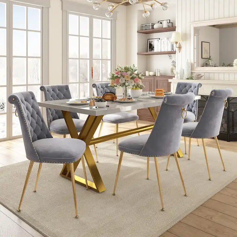 7-Piece Clihome Marble Dining Table with Velvet Chair Dining Chair