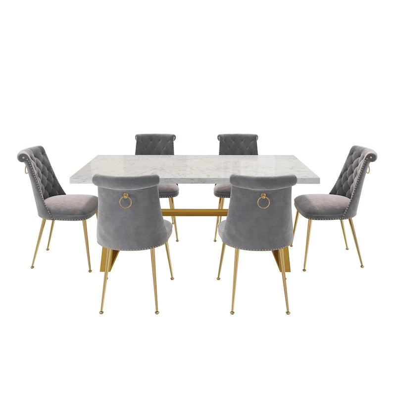 7-Piece Clihome Marble Dining Table with Velvet Chair Dining Chair
