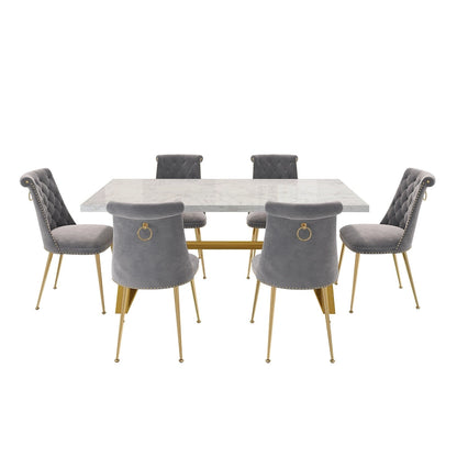 7-Piece Clihome Marble Dining Table with Velvet Chair Dining Chair