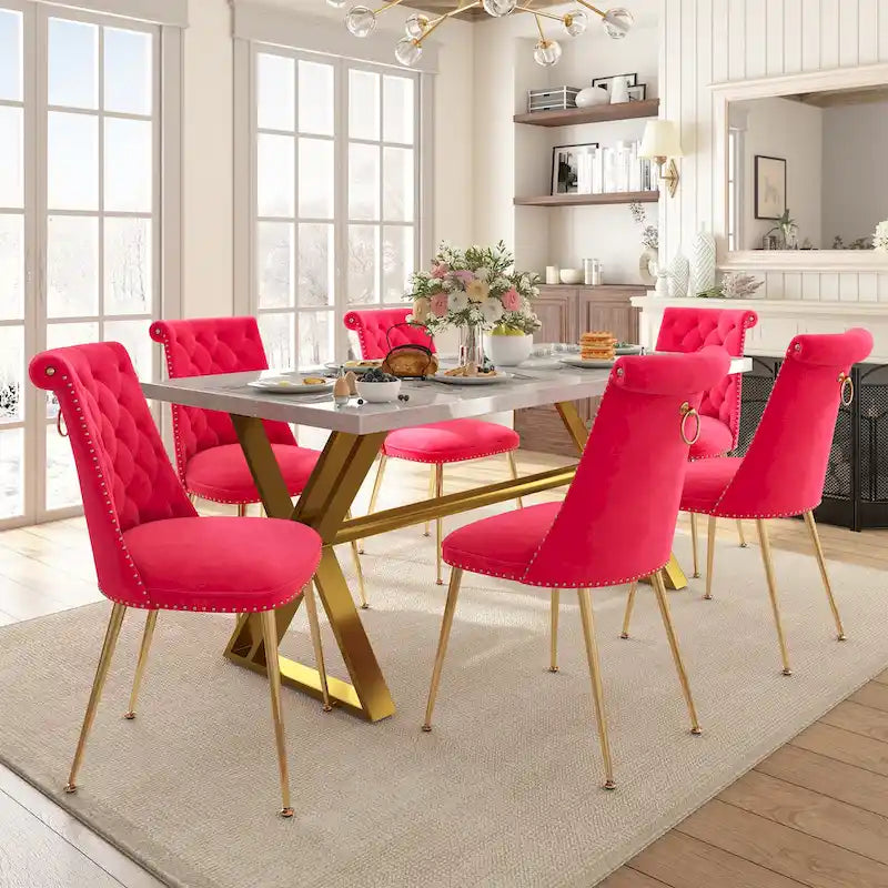 7-Piece Clihome Marble Dining Table with Velvet Chair Dining Chair