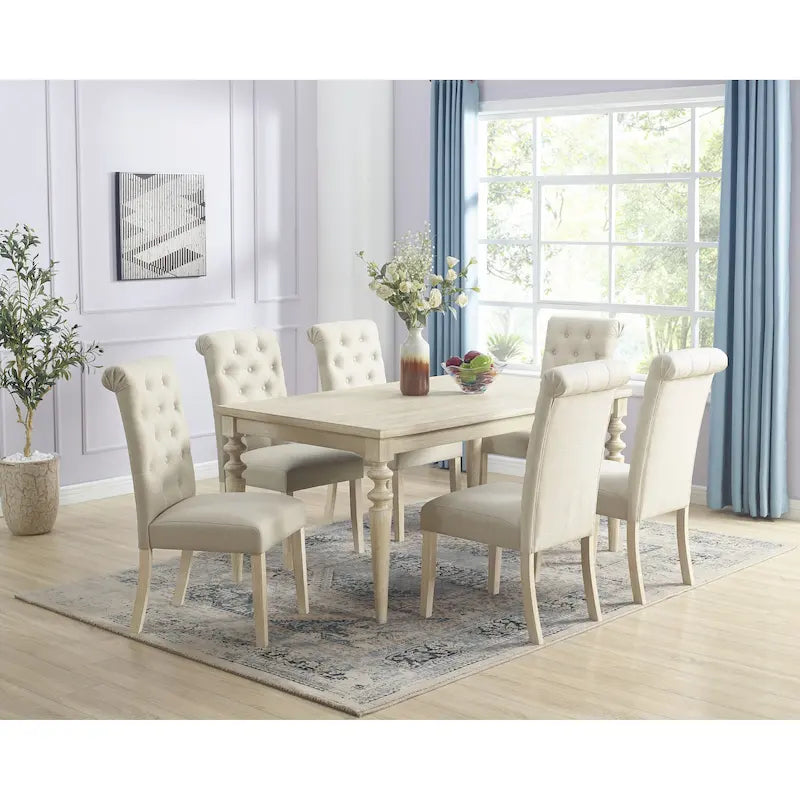 Roundhill Amonia 7-piece Dining Set, Turned-Leg Dining Table with 6 Tufted Chairs