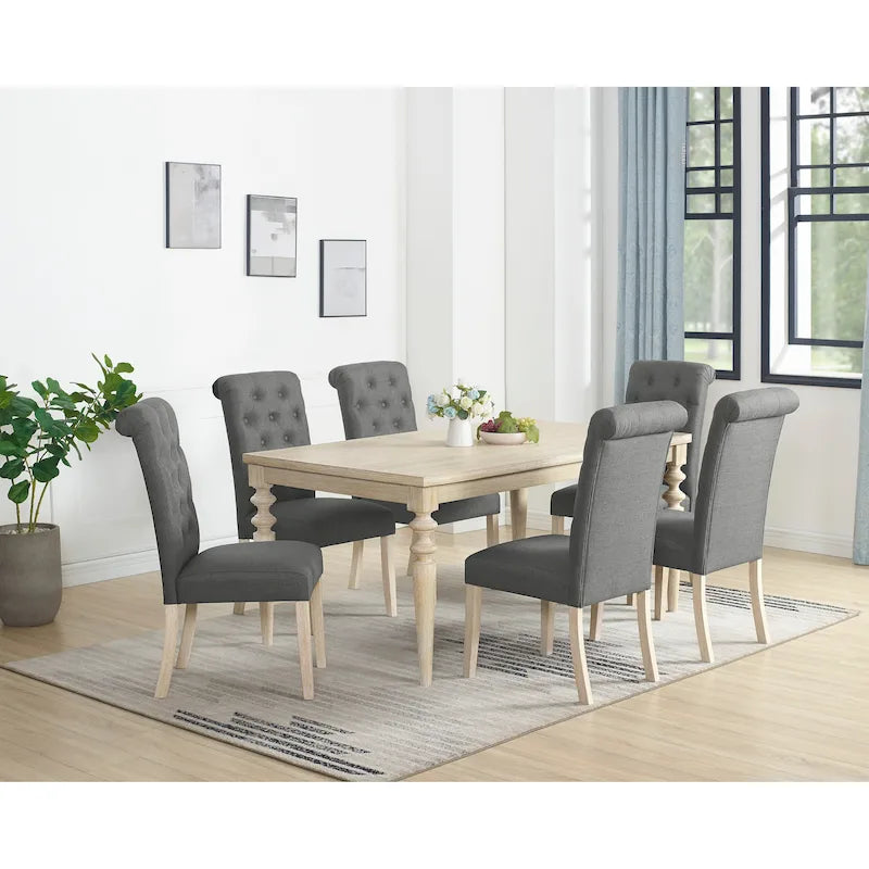 Roundhill Amonia 7-piece Dining Set, Turned-Leg Dining Table with 6 Tufted Chairs