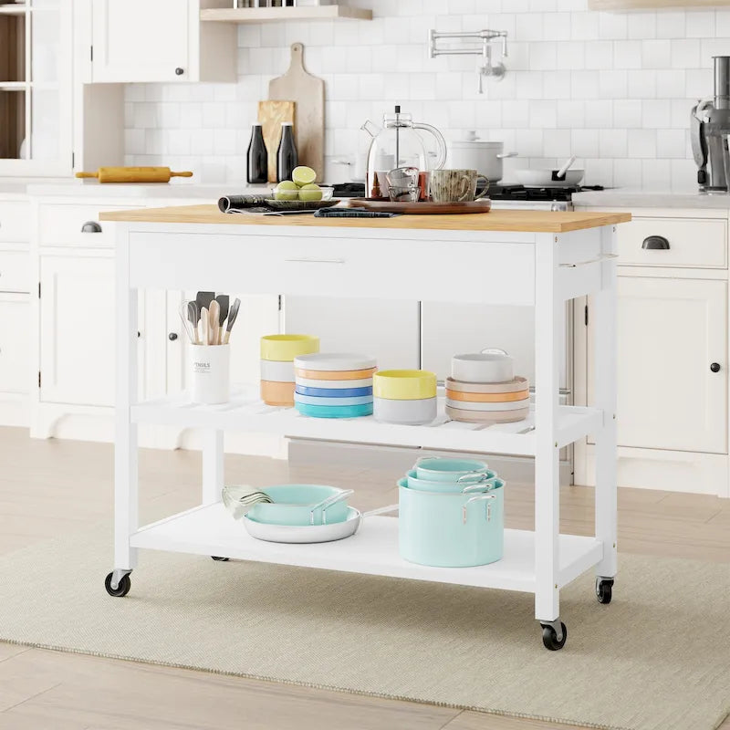 Futzca Kitchen Island Cart on Wheels with Large Worktop,Towel Rack,Drawers and Open Shelves - N/A