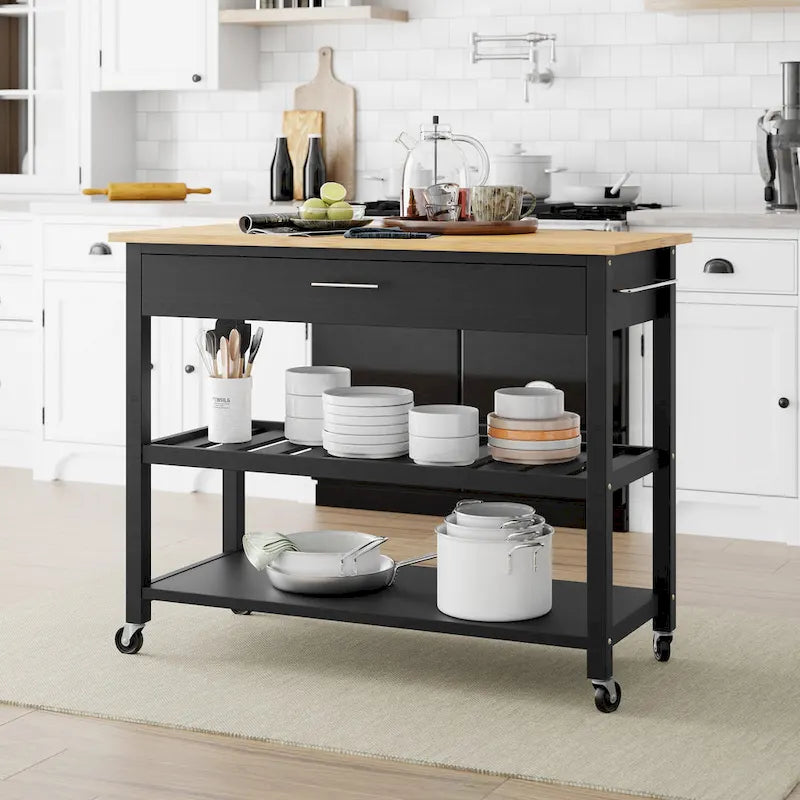 Futzca Kitchen Island Cart on Wheels with Large Worktop,Towel Rack,Drawers and Open Shelves - N/A