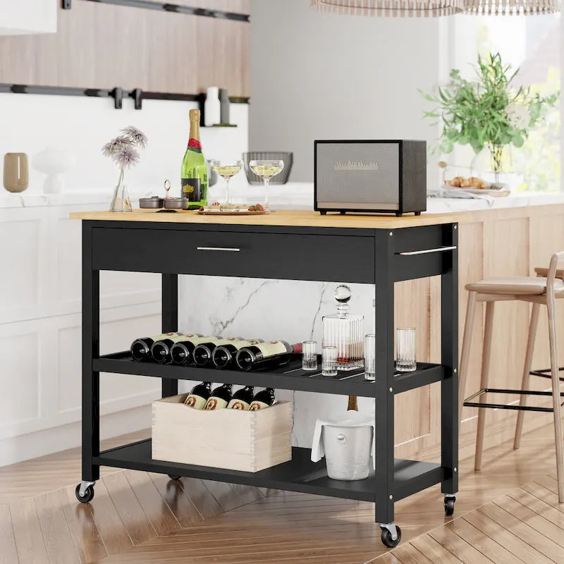 Futzca Kitchen Island Cart on Wheels with Large Worktop,Towel Rack,Drawers and Open Shelves - N/A