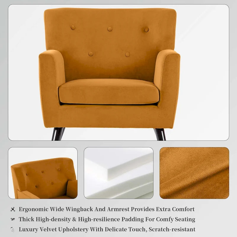 Velvet Upholstered Armchair Tufted Accent Chair for Living Room - 28.35W x 27.56D x 30.71H