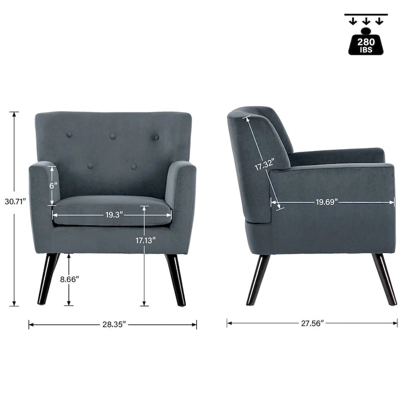 Velvet Upholstered Armchair Tufted Accent Chair for Living Room - 28.35W x 27.56D x 30.71H
