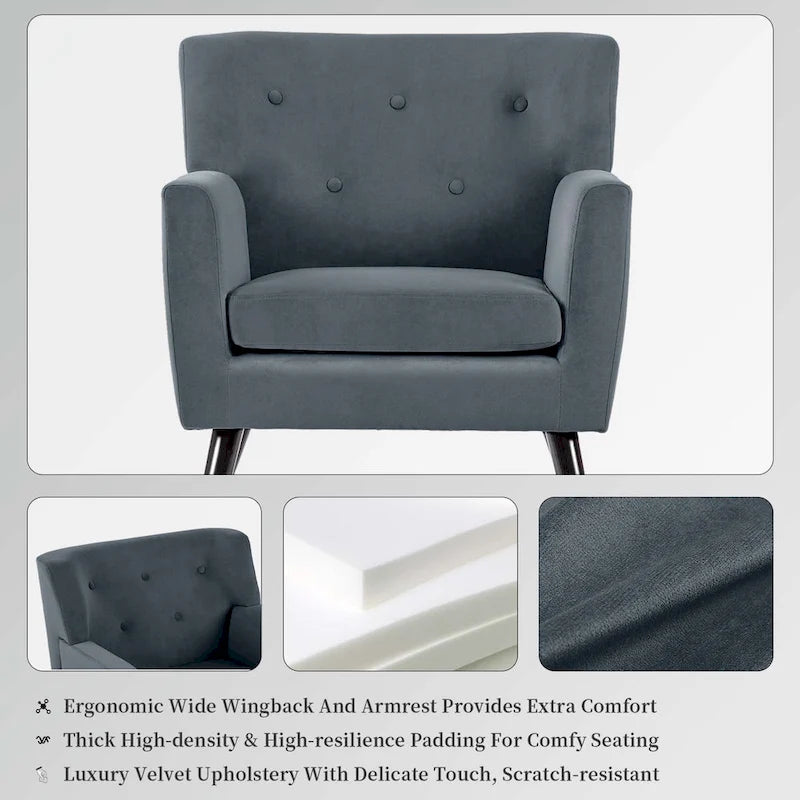 Velvet Upholstered Armchair Tufted Accent Chair for Living Room - 28.35W x 27.56D x 30.71H
