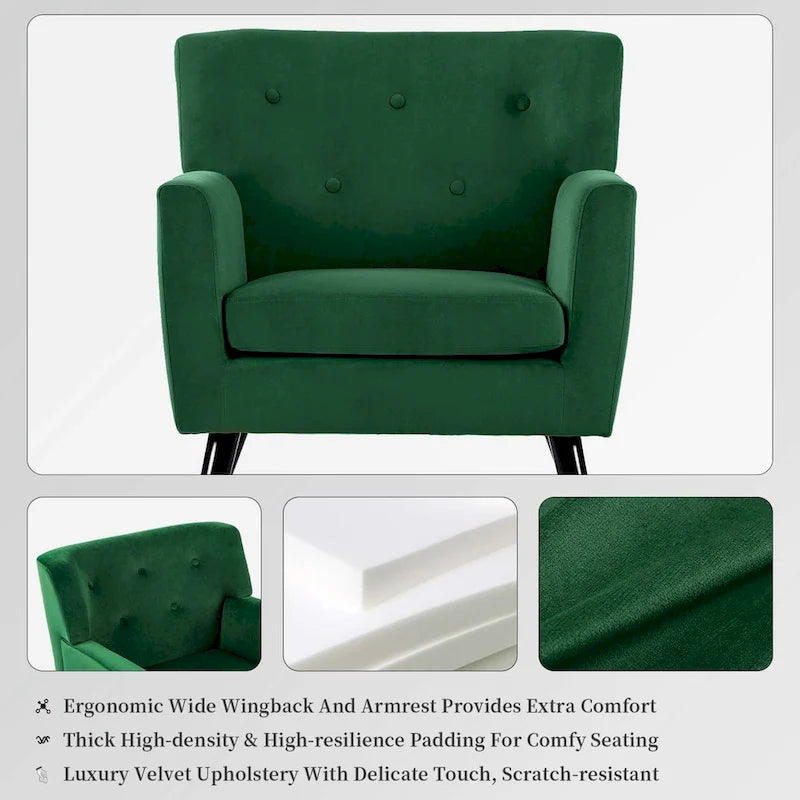 Velvet Upholstered Armchair Tufted Accent Chair for Living Room - 28.35W x 27.56D x 30.71H