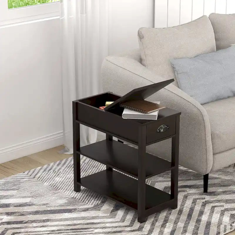 Narrow Flip Top Side Table with Drawer End Table with 2-Tiers Open Storage Shelves Sofa Table for Living Room,Bedroom