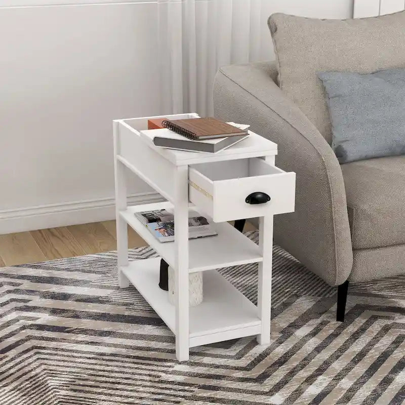 Narrow Flip Top Side Table with Drawer End Table with 2-Tiers Open Storage Shelves Sofa Table for Living Room,Bedroom