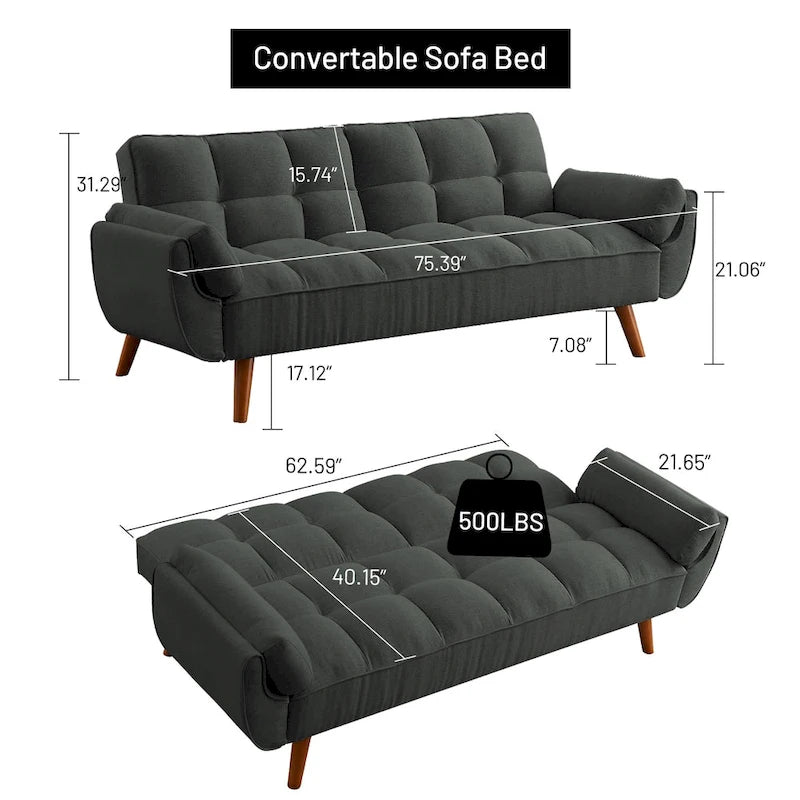 75.39 IN. Futon Sofa Bed, Convertible Upholstered Couch Sleeper with Reclining Sleeper Split Tufted Back