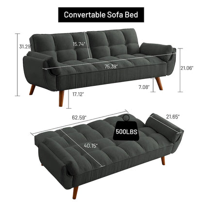 75.39 IN. Futon Sofa Bed, Convertible Upholstered Couch Sleeper with Reclining Sleeper Split Tufted Back