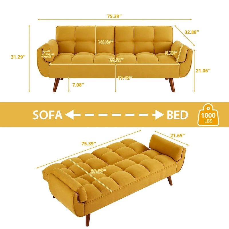 75.39 IN. Futon Sofa Bed, Convertible Upholstered Couch Sleeper with Reclining Sleeper Split Tufted Back