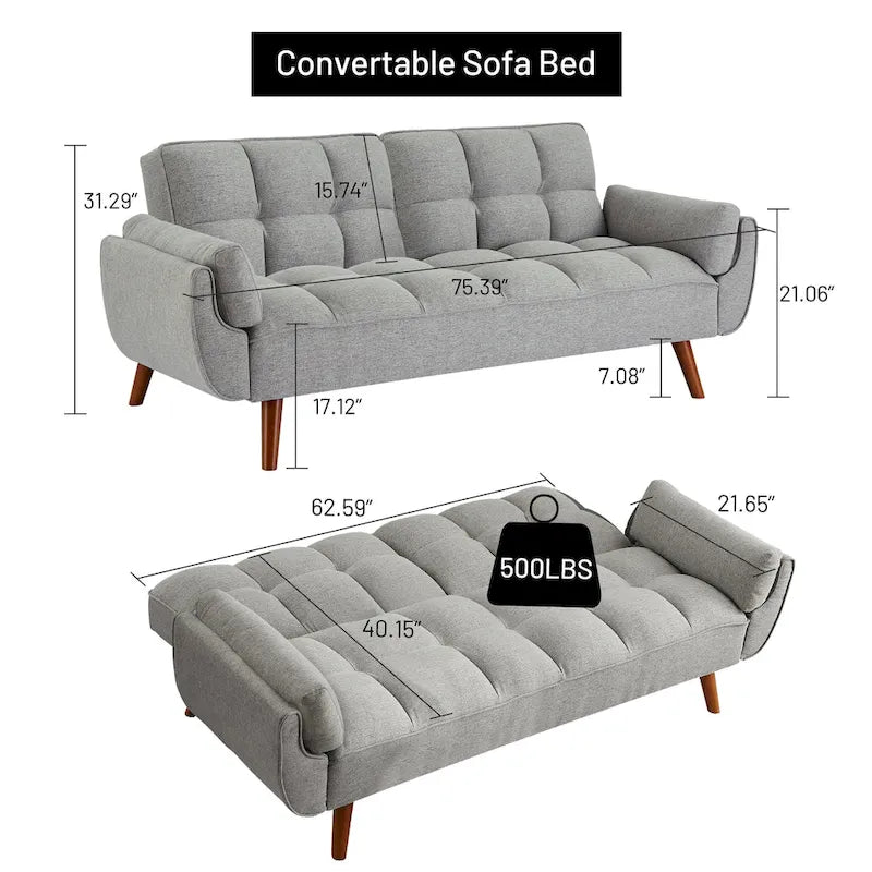 75.39 IN. Futon Sofa Bed, Convertible Upholstered Couch Sleeper with Reclining Sleeper Split Tufted Back