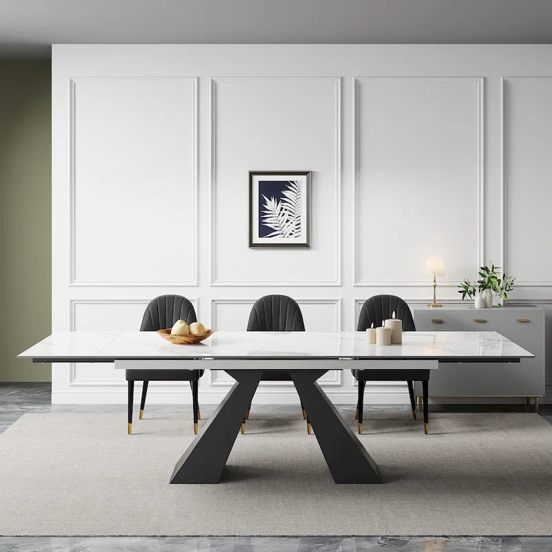 9 - Piece 110.24 Extendable Sintered Stone Dining Table and 8 Leather Chairs Dining Set