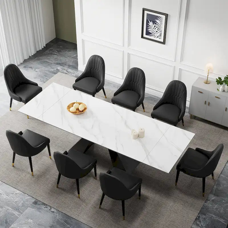 9 - Piece 110.24 Extendable Sintered Stone Dining Table and 8 Leather Chairs Dining Set