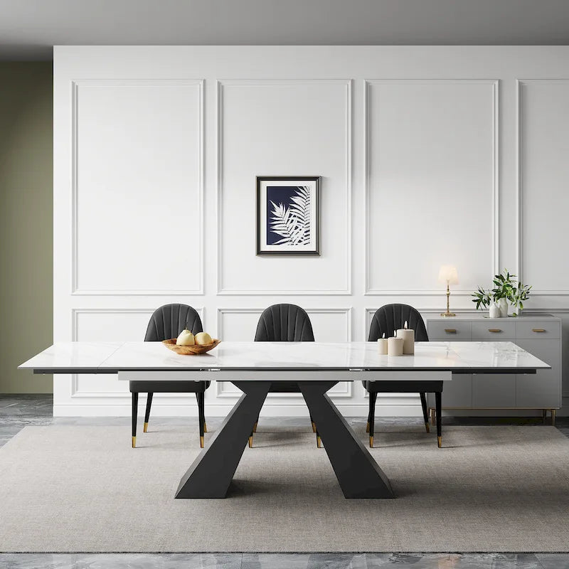 9 - Piece 110.24 Extendable Sintered Stone Dining Table and 8 Leather Chairs Dining Set