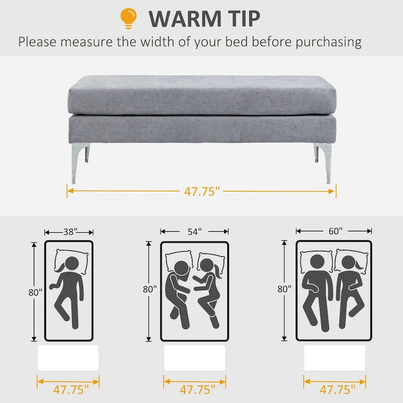 HOMCOM 48 End of Bed Bench, Upholstered Entryway Bench with Double Layer Seat Cushions and Steel Legs, Bedroom Bench, Dark Gray