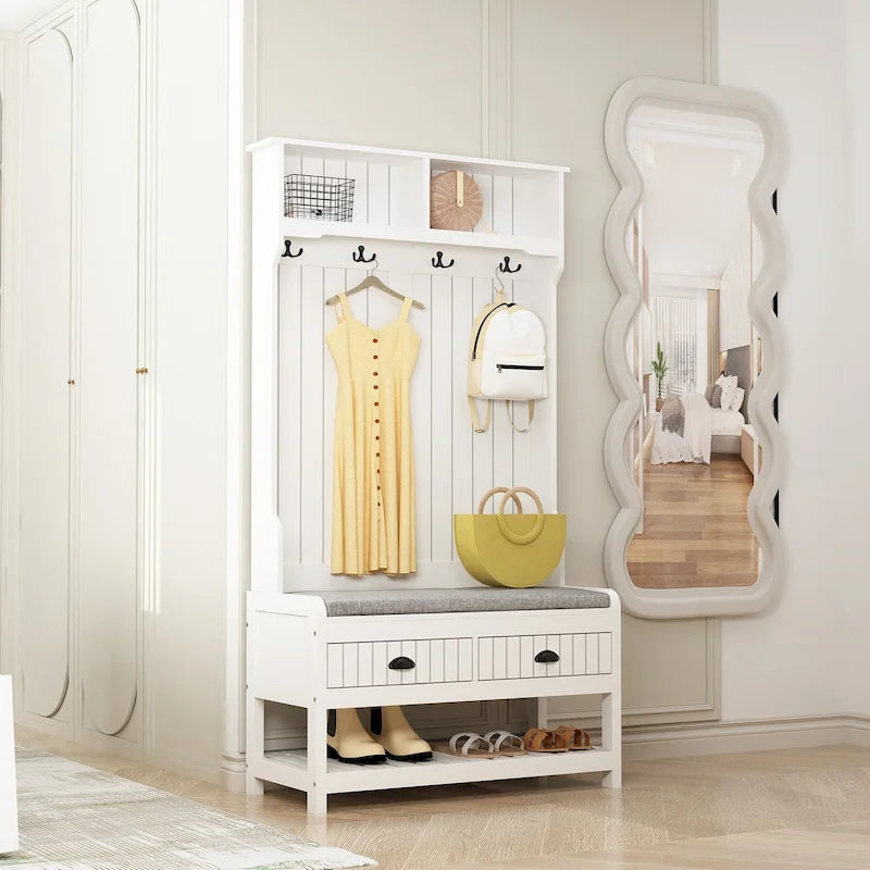 68.5H Hall Tree with Bench and Shoe Storage White/Black/Grey
