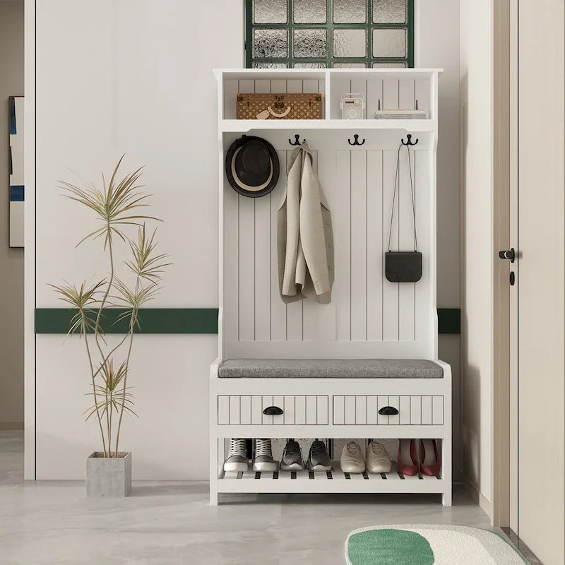 68.5H Hall Tree with Bench and Shoe Storage White/Black/Grey
