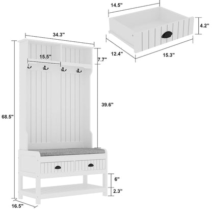 68.5H Hall Tree with Bench and Shoe Storage White/Black/Grey
