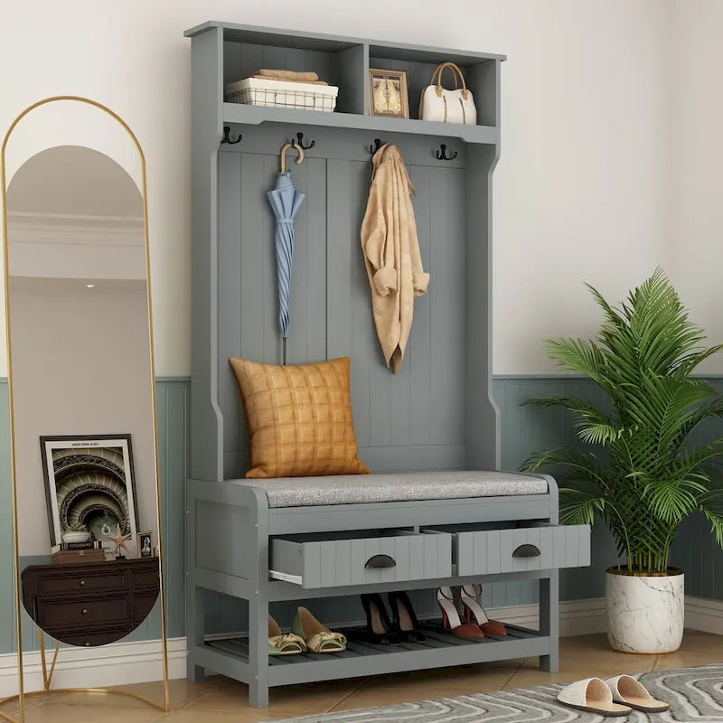 68.5H Hall Tree with Bench and Shoe Storage White/Black/Grey