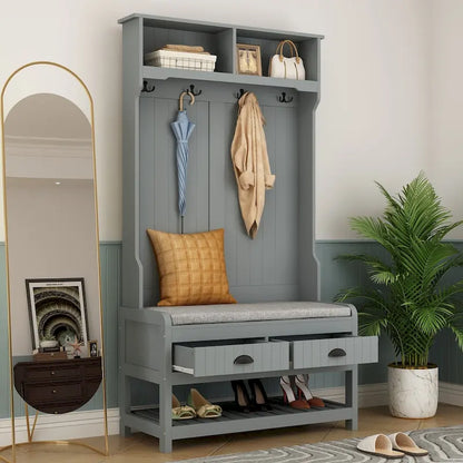 68.5H Hall Tree with Bench and Shoe Storage White/Black/Grey