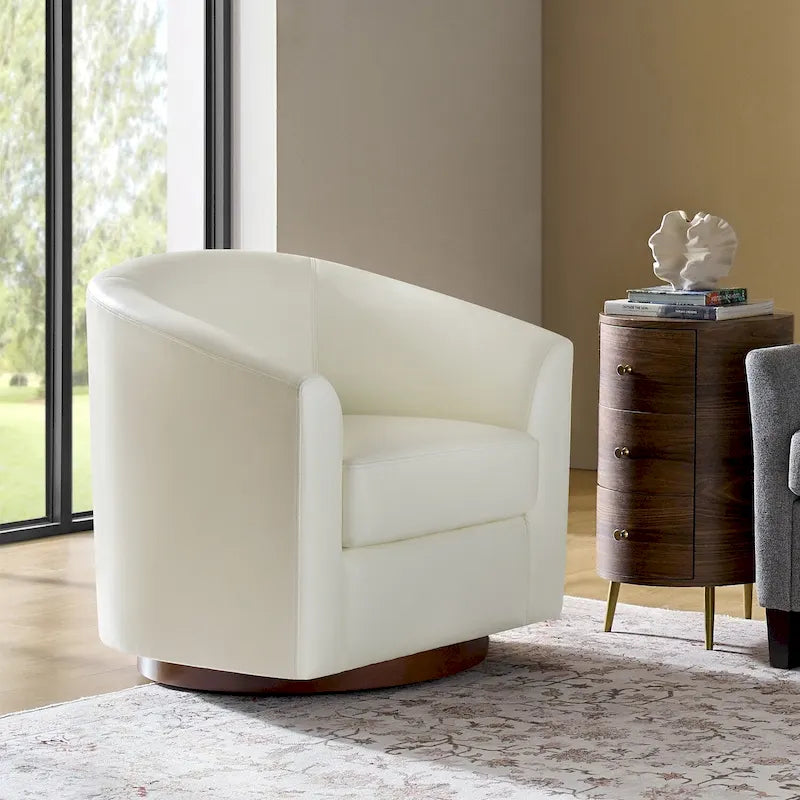 Haley Modern Swivel Barrel Faux Leather Chair with Solid Wood Base by HULALA HOME