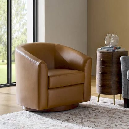 Haley Modern Swivel Barrel Faux Leather Chair with Solid Wood Base by HULALA HOME