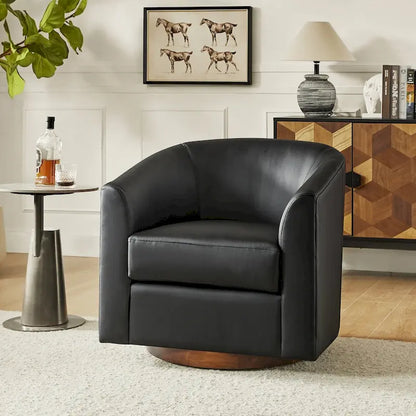 Haley Modern Swivel Barrel Faux Leather Chair with Solid Wood Base by HULALA HOME