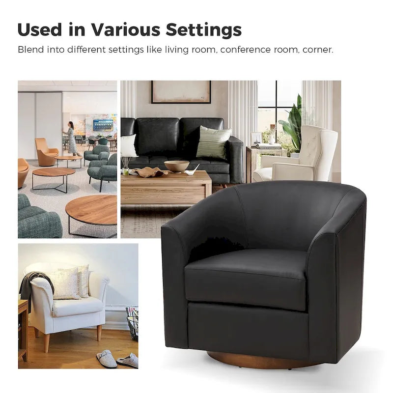 Haley Modern Swivel Barrel Faux Leather Chair with Solid Wood Base by HULALA HOME