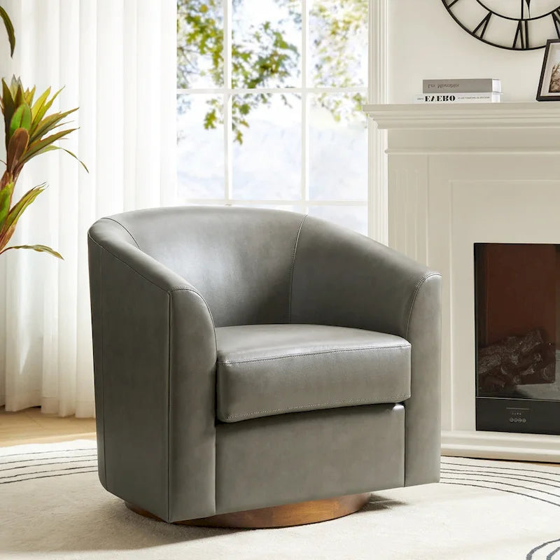 Haley Modern Swivel Barrel Faux Leather Chair with Solid Wood Base by HULALA HOME