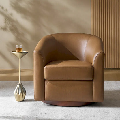 Haley Modern Swivel Barrel Faux Leather Chair with Solid Wood Base by HULALA HOME