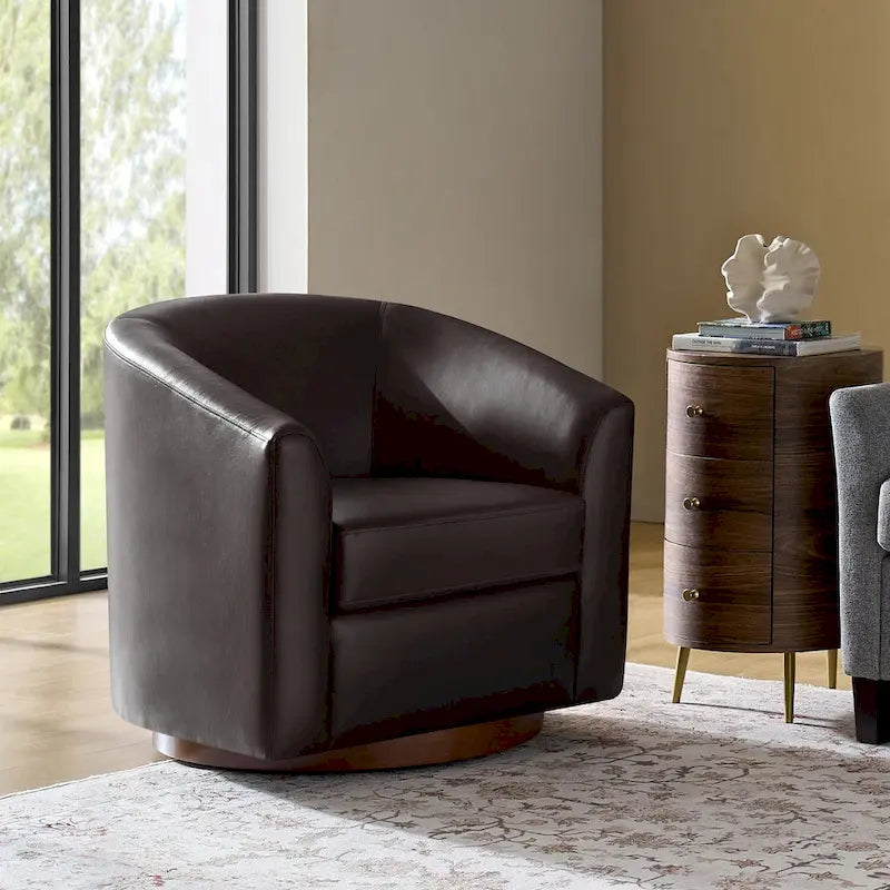Haley Modern Swivel Barrel Faux Leather Chair with Solid Wood Base by HULALA HOME