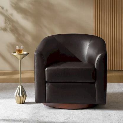 Haley Modern Swivel Barrel Faux Leather Chair with Solid Wood Base by HULALA HOME