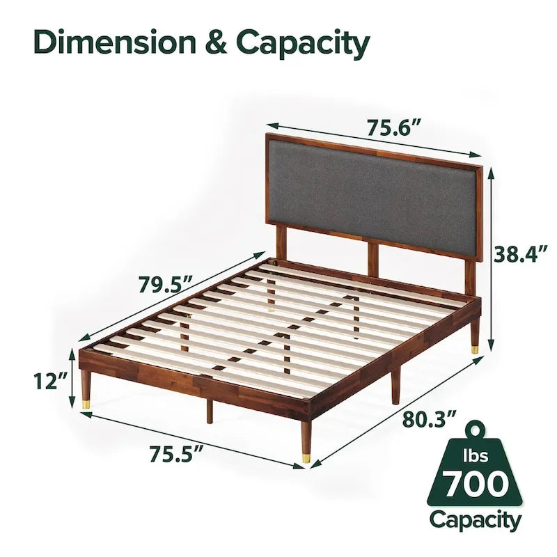 Priage by ZINUS Brown Wood Platform Bed Frame with Adjustable Upholstered Headboard