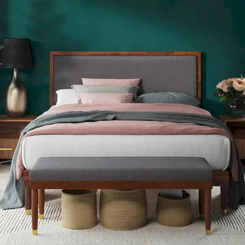 Priage by ZINUS Brown Wood Platform Bed Frame with Adjustable Upholstered Headboard