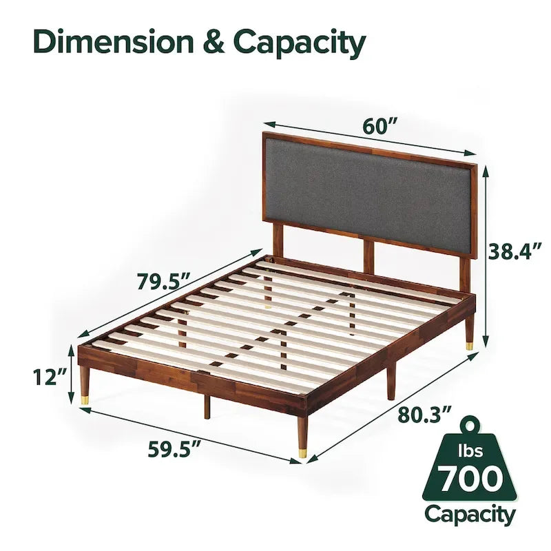 Priage by ZINUS Brown Wood Platform Bed Frame with Adjustable Upholstered Headboard