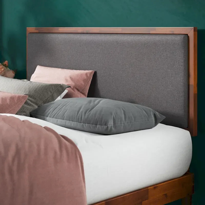 Priage by ZINUS Brown Wood Platform Bed Frame with Adjustable Upholstered Headboard