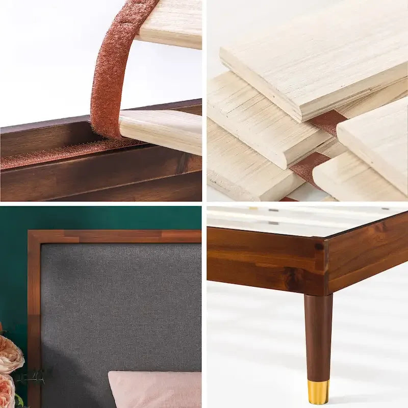 Priage by ZINUS Brown Wood Platform Bed Frame with Adjustable Upholstered Headboard