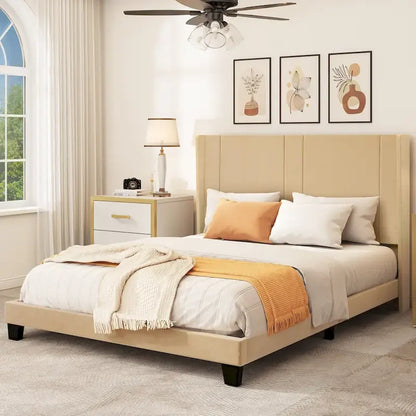 Queen Upholstered Bed Frame with Beige Velvet Headboard and Wingback