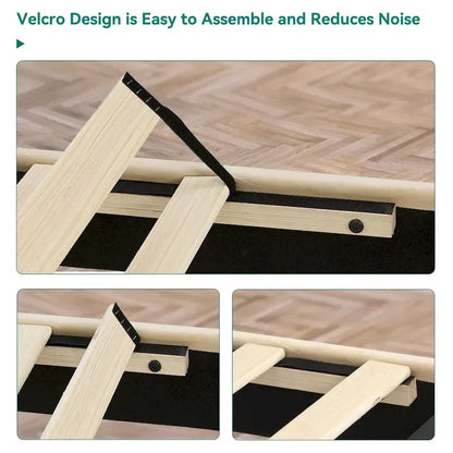 Queen Upholstered Bed Frame with Beige Velvet Headboard and Wingback