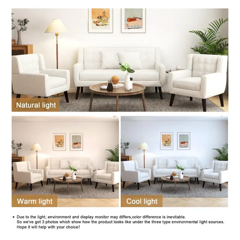 Modern Curved 63 Button Tufted Upholstered Loveseat with 2 Accent Chairs