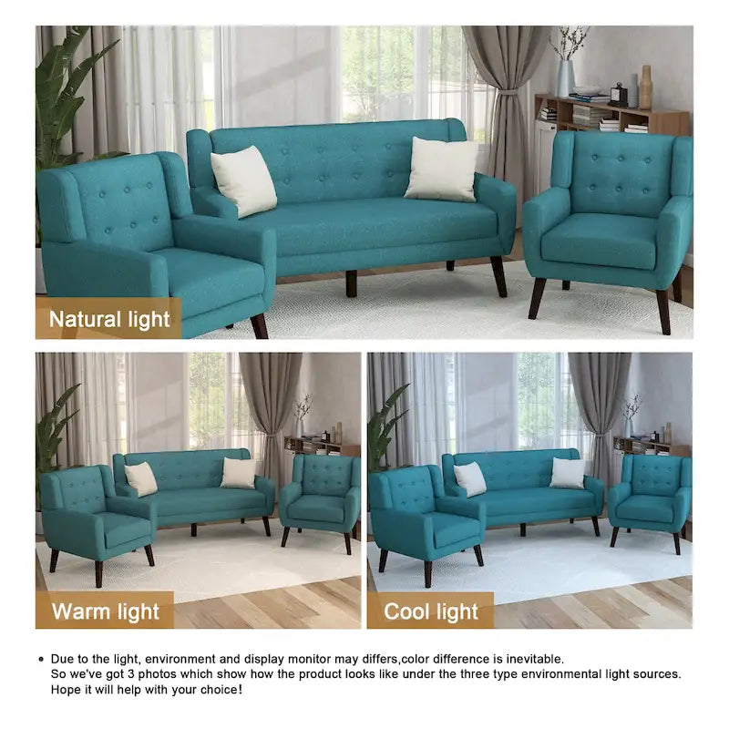 Modern Curved 63 Button Tufted Upholstered Loveseat with 2 Accent Chairs